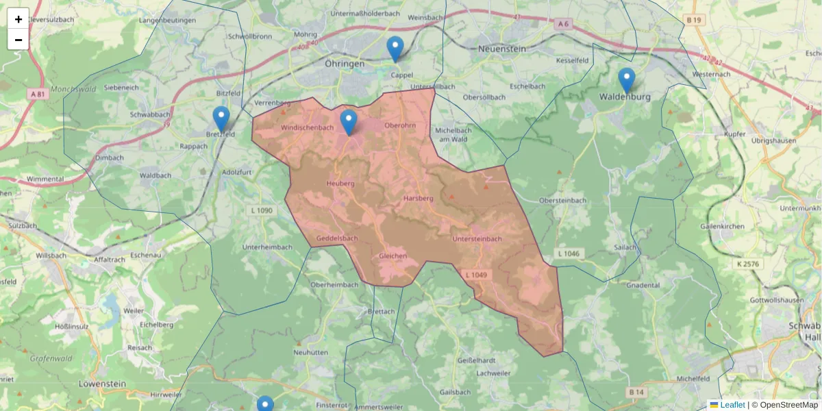 Karte des Postleitzahlen Bereichs  und der umliegenden Postleitzahlen in Deutschland