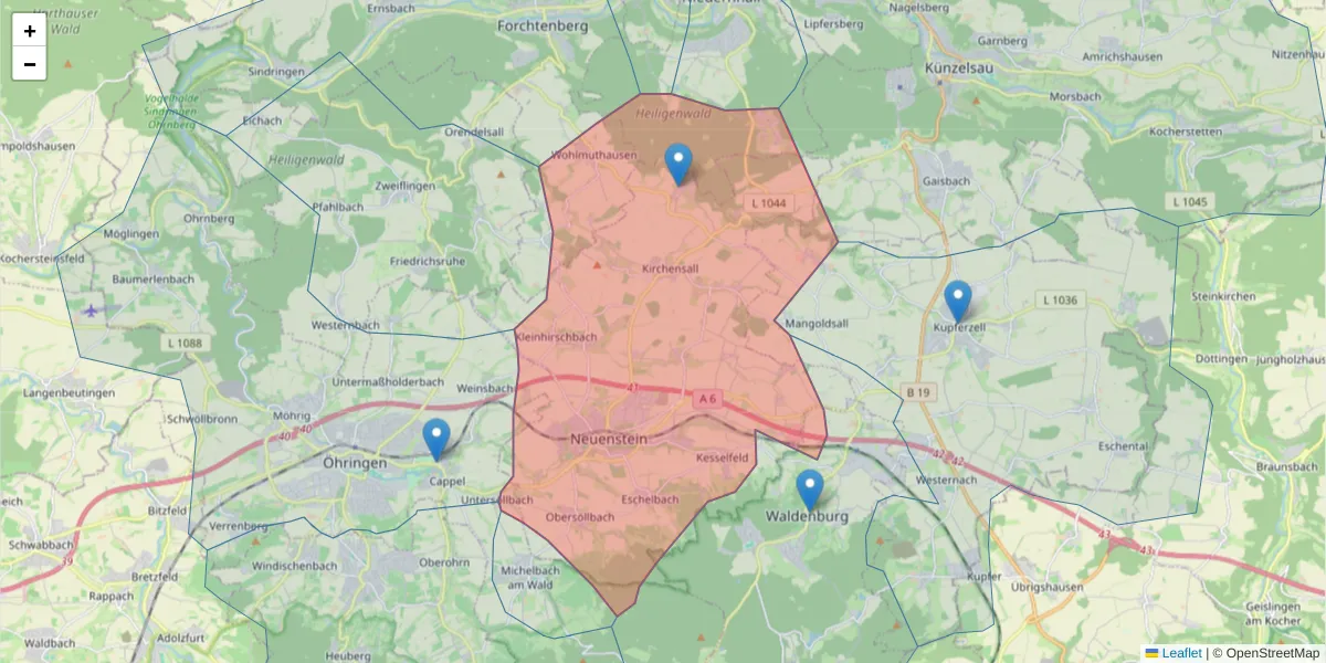 Karte des Postleitzahlen Bereichs  und der umliegenden Postleitzahlen in Deutschland
