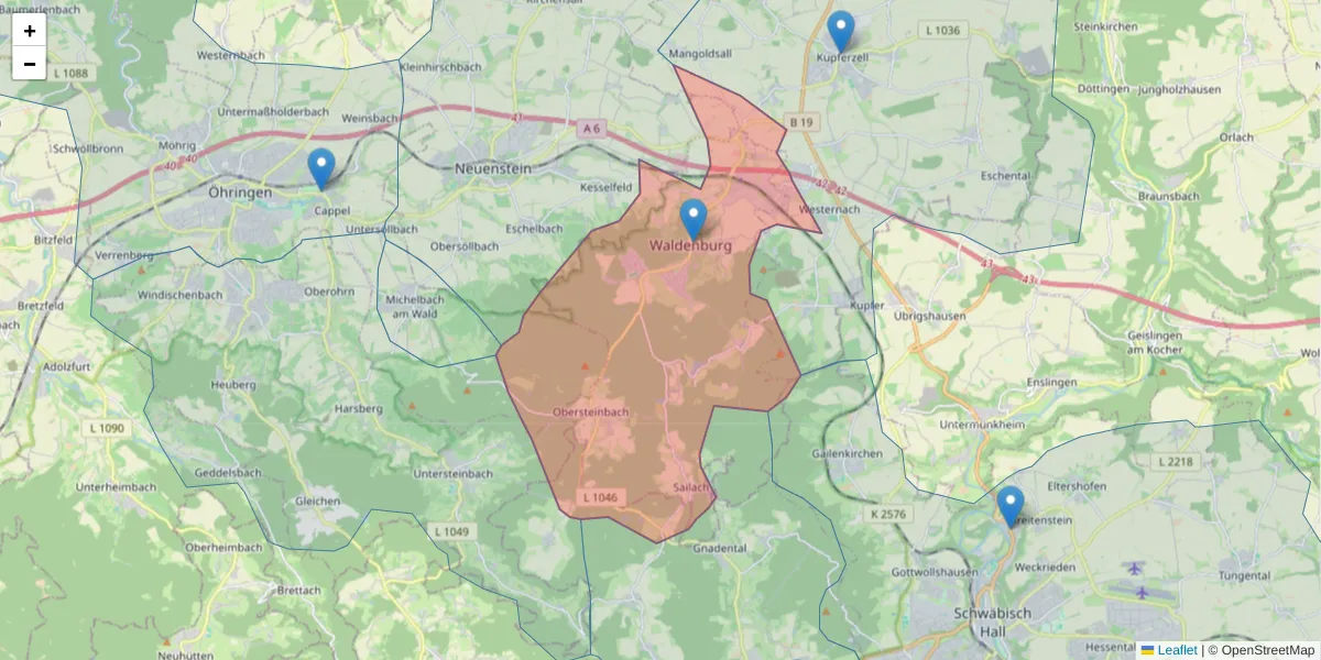 Karte des Postleitzahlen Bereichs  und der umliegenden Postleitzahlen in Deutschland
