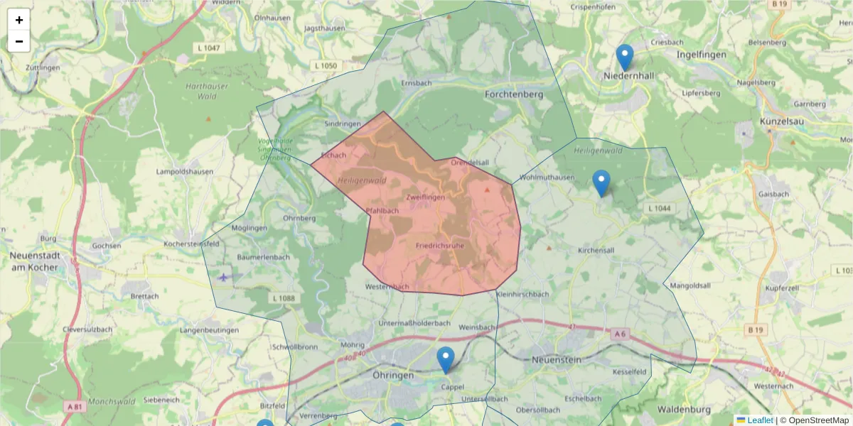 Karte des Postleitzahlen Bereichs  und der umliegenden Postleitzahlen in Deutschland