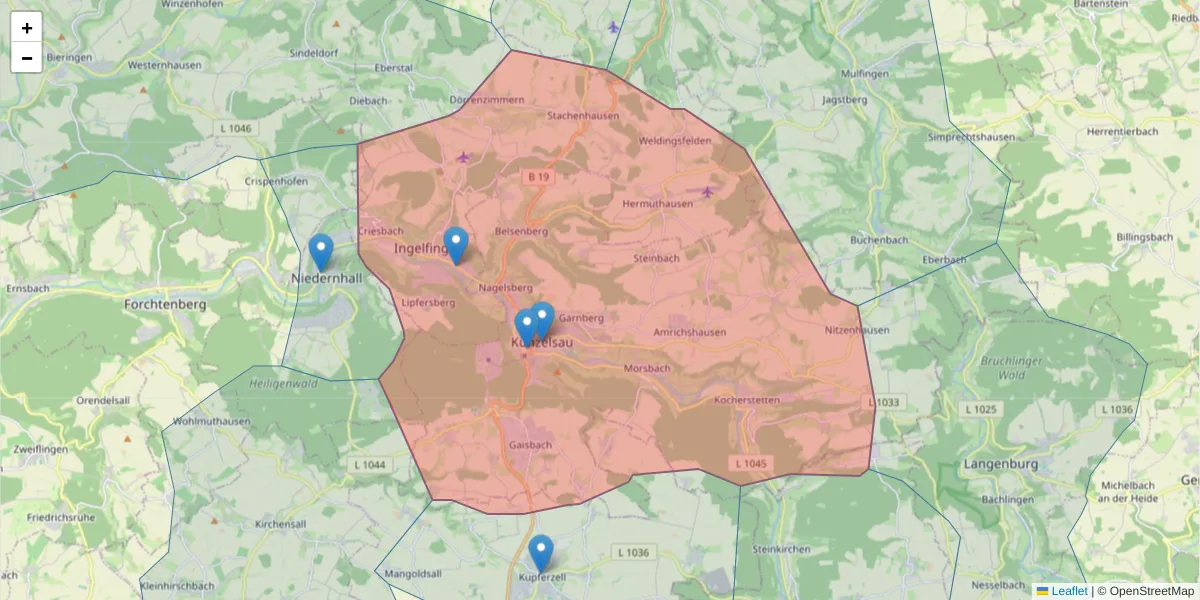 Karte des Postleitzahlen Bereichs  und der umliegenden Postleitzahlen in Deutschland
