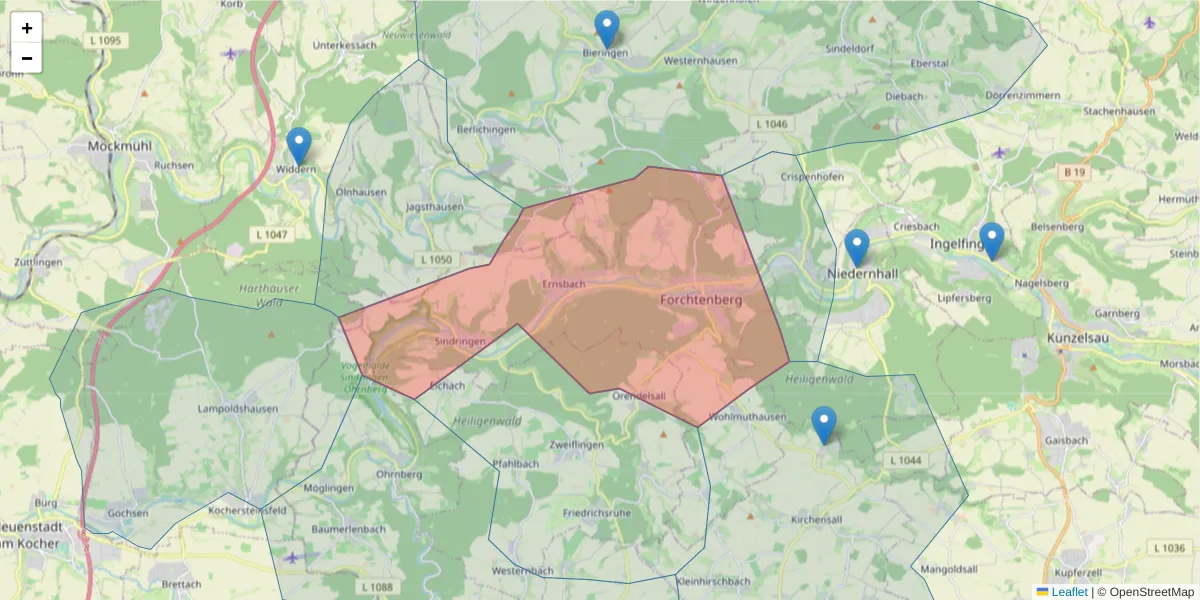 Karte des Postleitzahlen Bereichs  und der umliegenden Postleitzahlen in Deutschland
