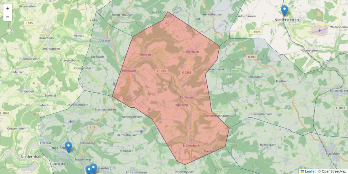 Karte des Postleitzahlen Bereichs  und der umliegenden Postleitzahlen in Deutschland