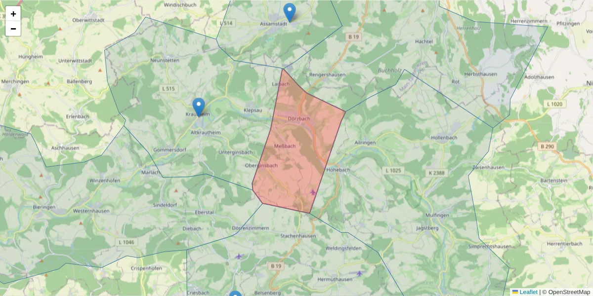 Karte des Postleitzahlen Bereichs  und der umliegenden Postleitzahlen in Deutschland