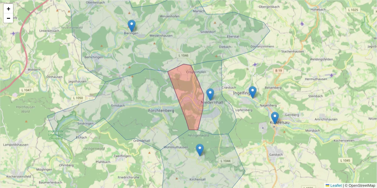Karte des Postleitzahlen Bereichs  und der umliegenden Postleitzahlen in Deutschland