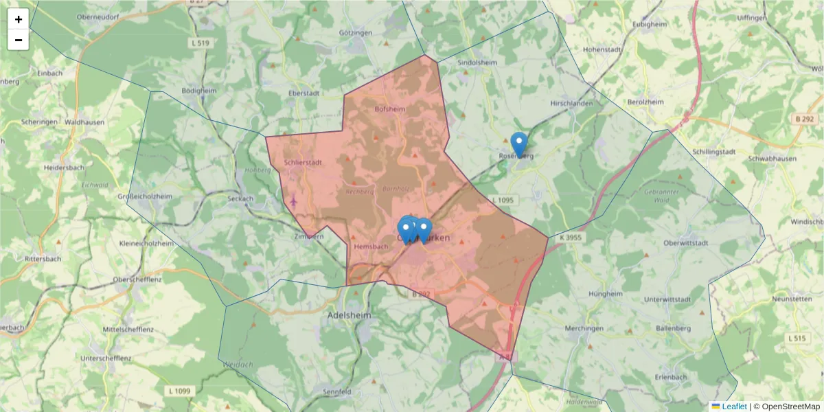Karte des Postleitzahlen Bereichs  und der umliegenden Postleitzahlen in Deutschland