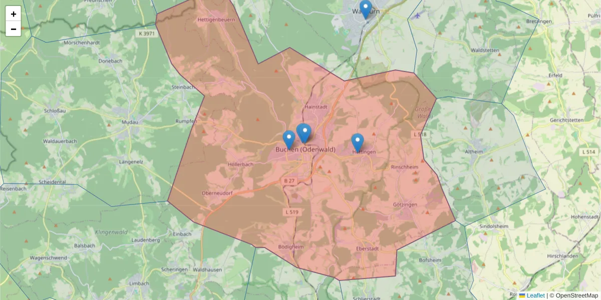 Karte des Postleitzahlen Bereichs  und der umliegenden Postleitzahlen in Deutschland