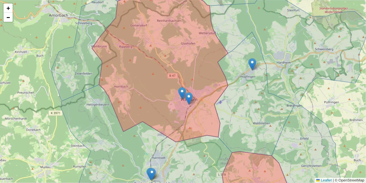 Karte des Postleitzahlen Bereichs  und der umliegenden Postleitzahlen in Deutschland