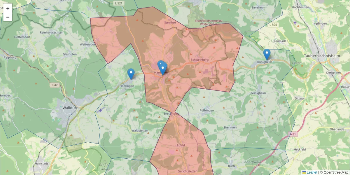 Karte des Postleitzahlen Bereichs  und der umliegenden Postleitzahlen in Deutschland