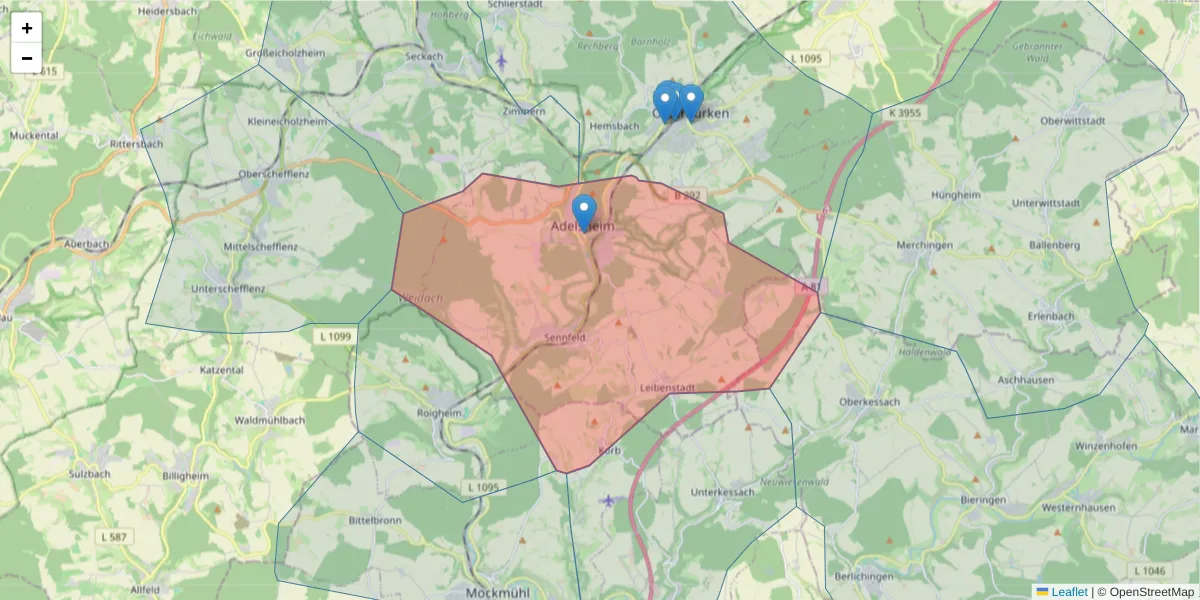 Karte des Postleitzahlen Bereichs  und der umliegenden Postleitzahlen in Deutschland
