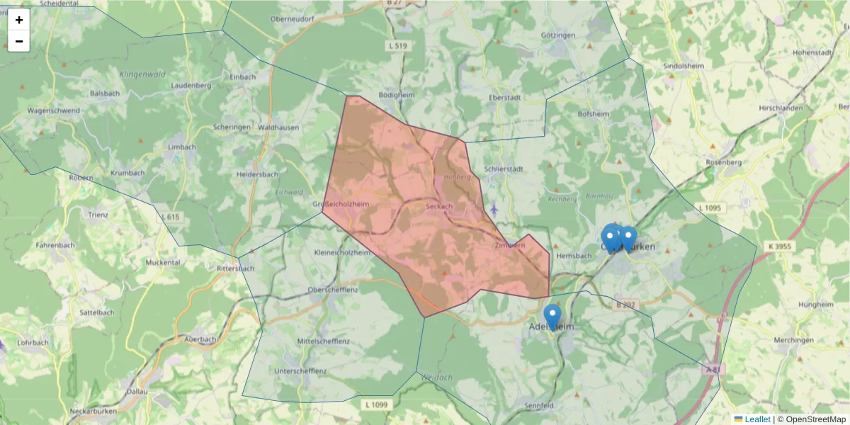 Karte des Postleitzahlen Bereichs  und der umliegenden Postleitzahlen in Deutschland
