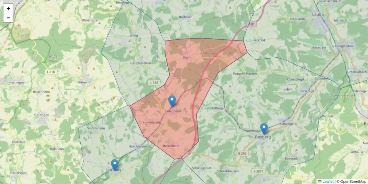 Karte des Postleitzahlen Bereichs  und der umliegenden Postleitzahlen in Deutschland