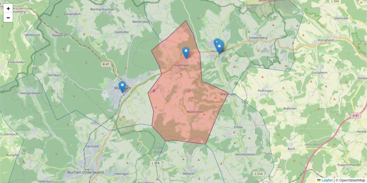 Karte des Postleitzahlen Bereichs  und der umliegenden Postleitzahlen in Deutschland
