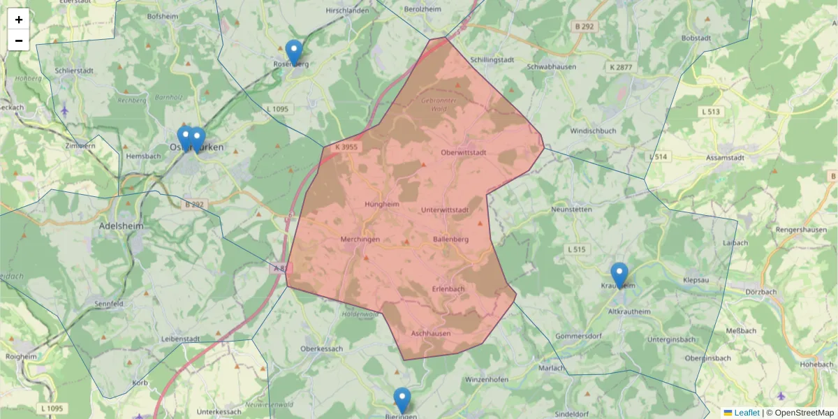 Karte des Postleitzahlen Bereichs  und der umliegenden Postleitzahlen in Deutschland