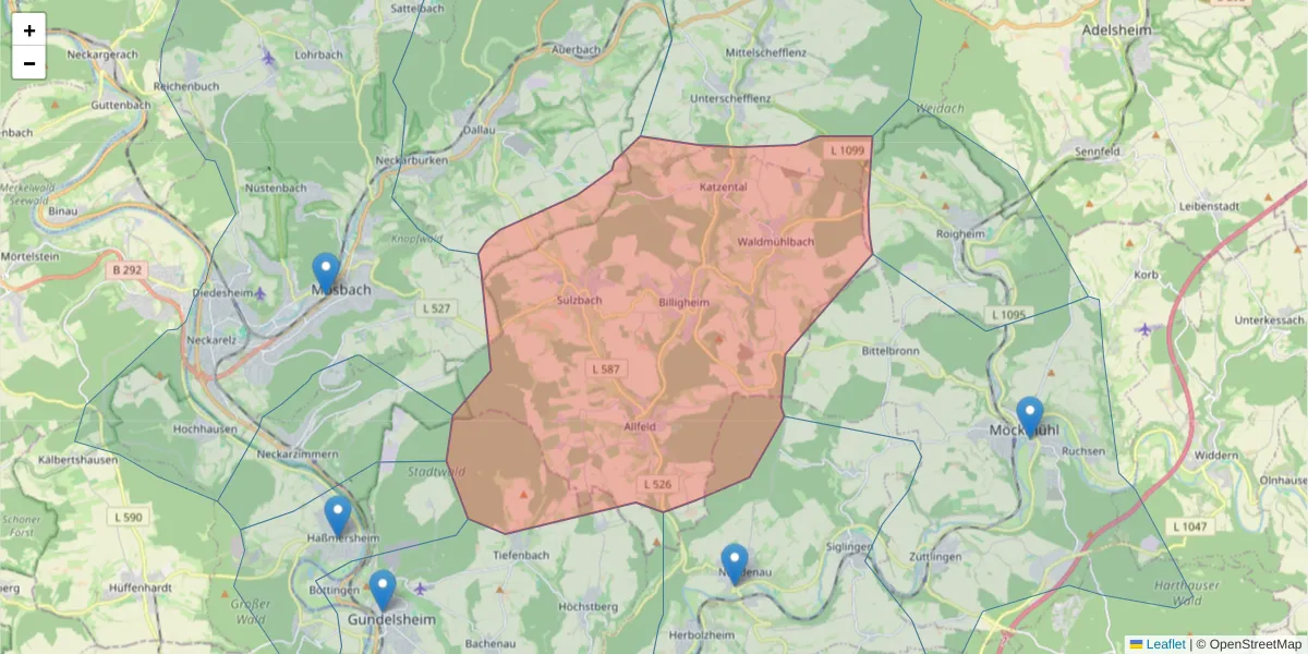 Karte des Postleitzahlen Bereichs  und der umliegenden Postleitzahlen in Deutschland