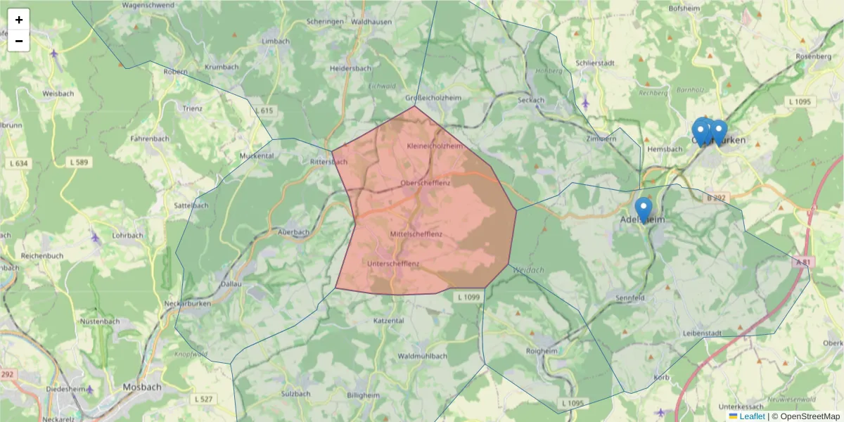 Karte des Postleitzahlen Bereichs  und der umliegenden Postleitzahlen in Deutschland