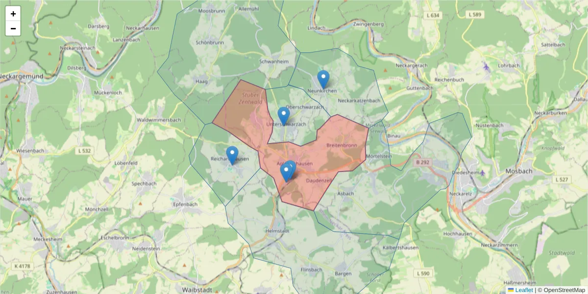 Karte des Postleitzahlen Bereichs  und der umliegenden Postleitzahlen in Deutschland