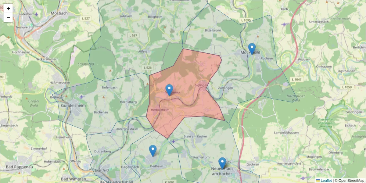 Karte des Postleitzahlen Bereichs  und der umliegenden Postleitzahlen in Deutschland