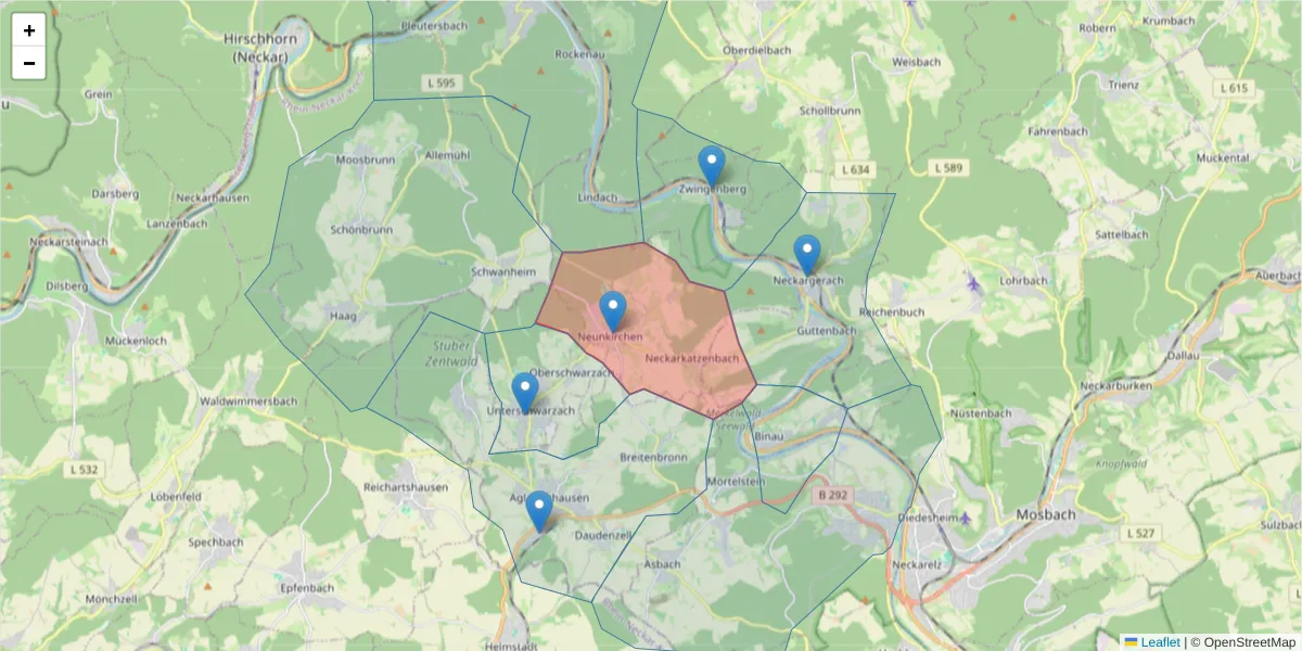 Karte des Postleitzahlen Bereichs  und der umliegenden Postleitzahlen in Deutschland