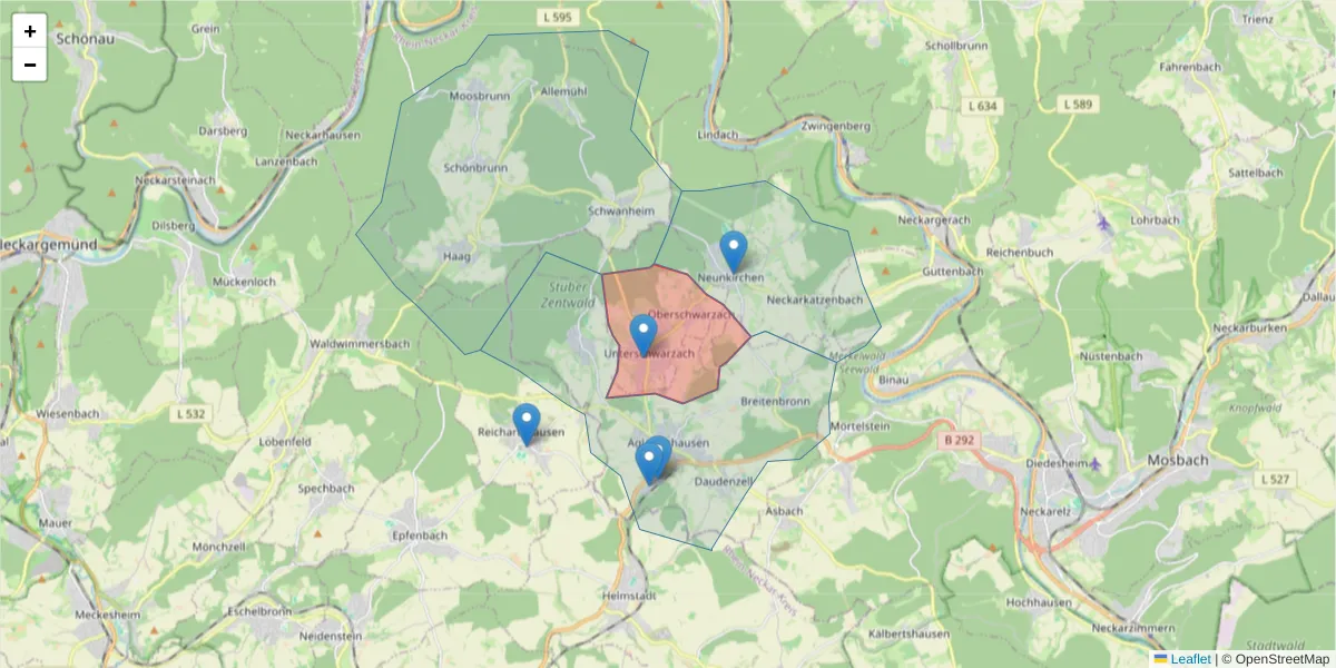 Karte des Postleitzahlen Bereichs  und der umliegenden Postleitzahlen in Deutschland