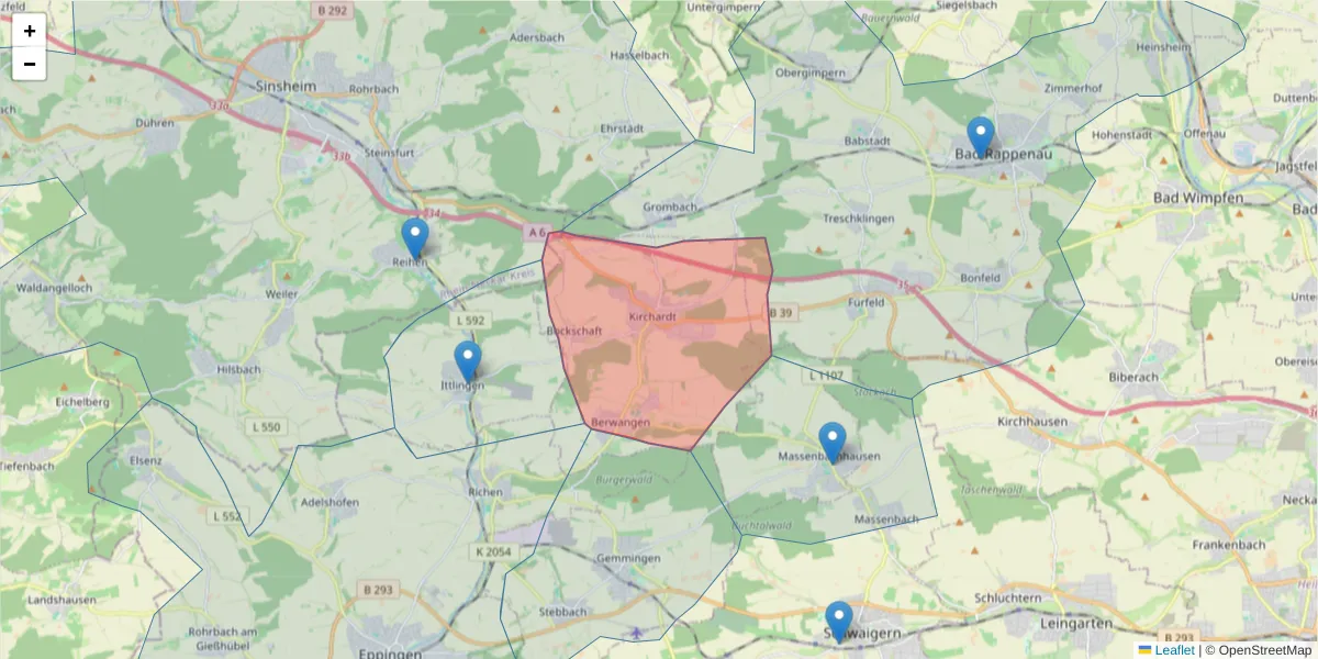 Karte des Postleitzahlen Bereichs  und der umliegenden Postleitzahlen in Deutschland