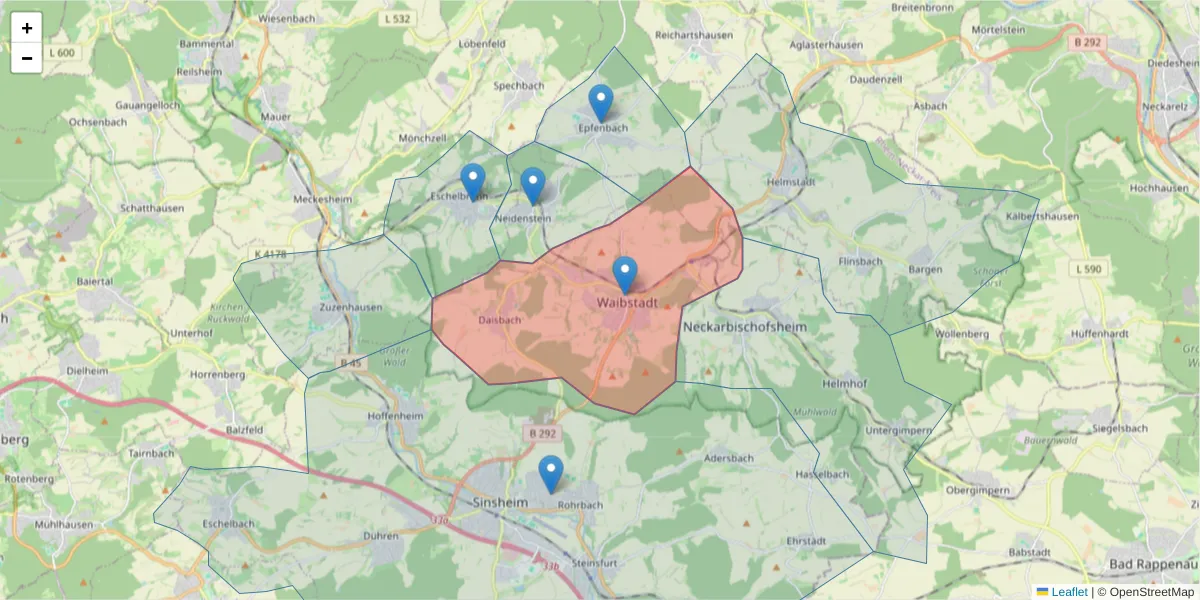 Karte des Postleitzahlen Bereichs  und der umliegenden Postleitzahlen in Deutschland