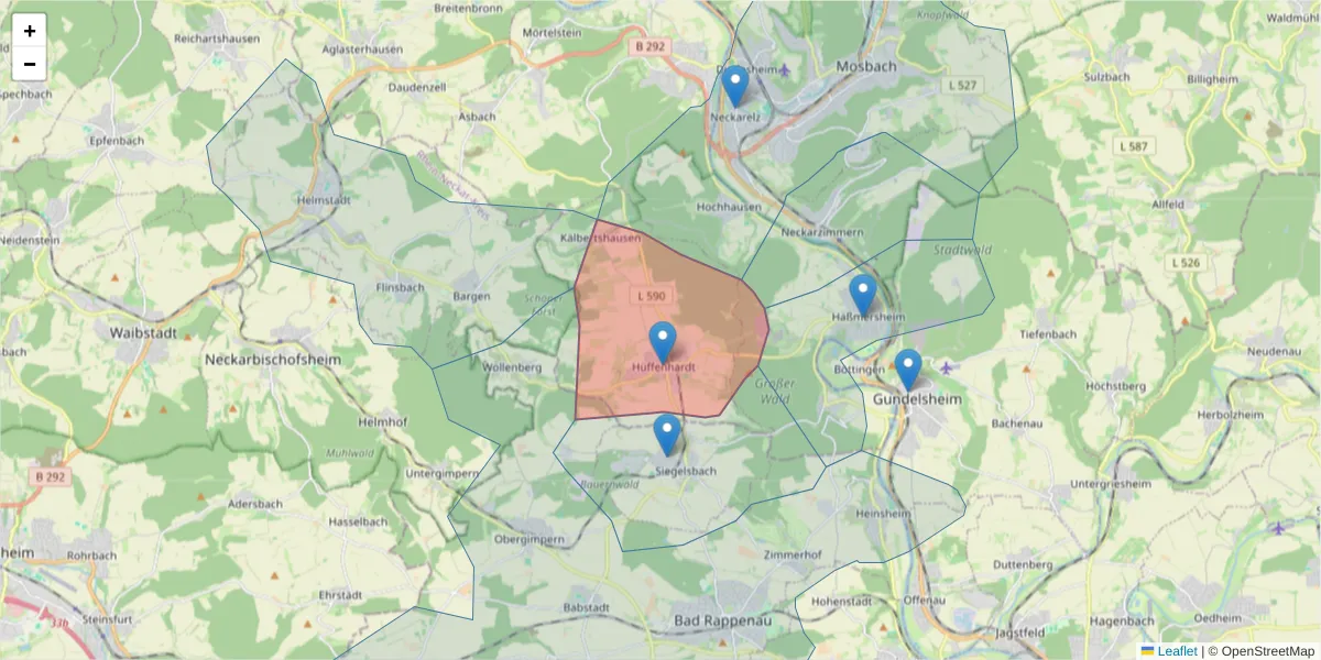 Karte des Postleitzahlen Bereichs  und der umliegenden Postleitzahlen in Deutschland