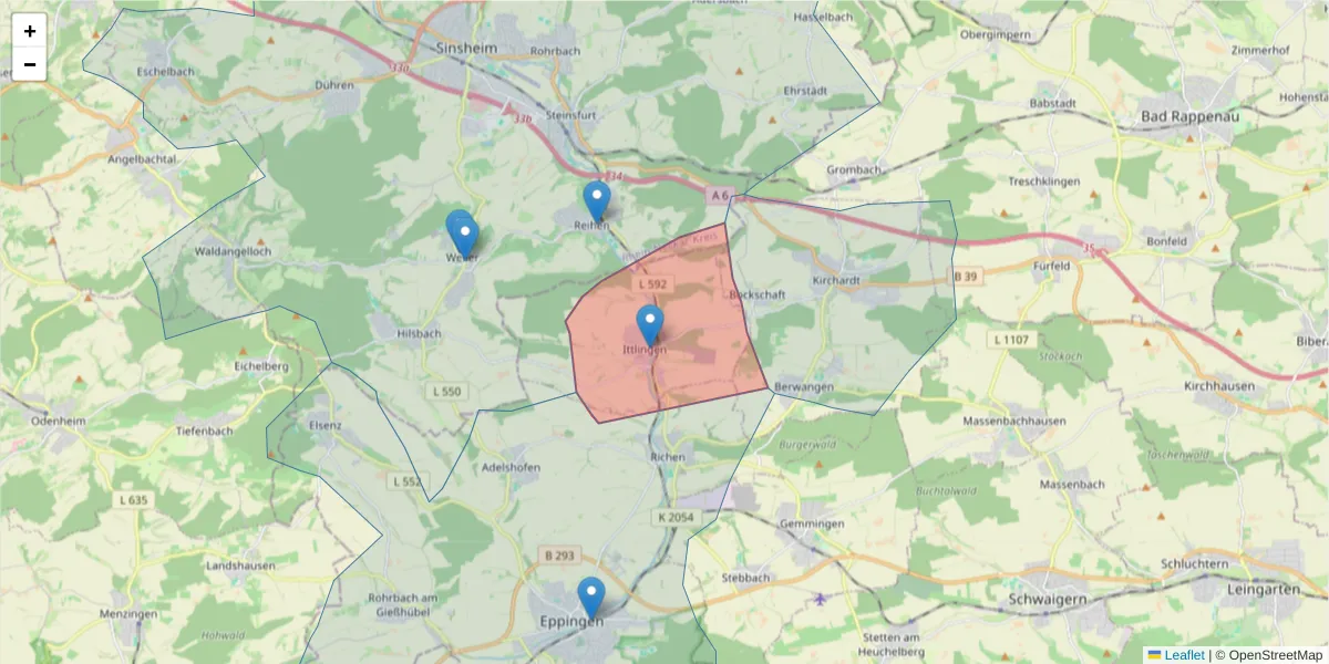 Karte des Postleitzahlen Bereichs  und der umliegenden Postleitzahlen in Deutschland