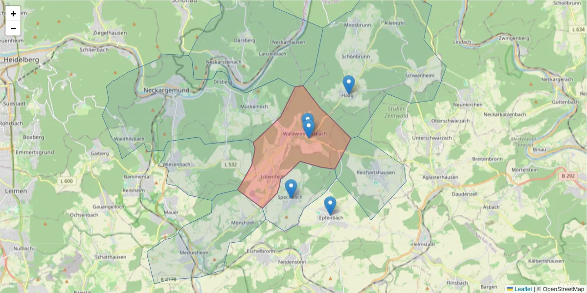 Karte des Postleitzahlen Bereichs  und der umliegenden Postleitzahlen in Deutschland