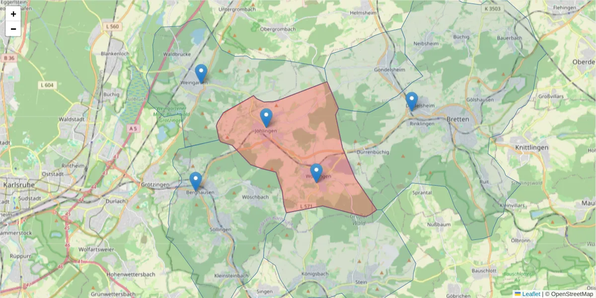 Karte des Postleitzahlen Bereichs  und der umliegenden Postleitzahlen in Deutschland