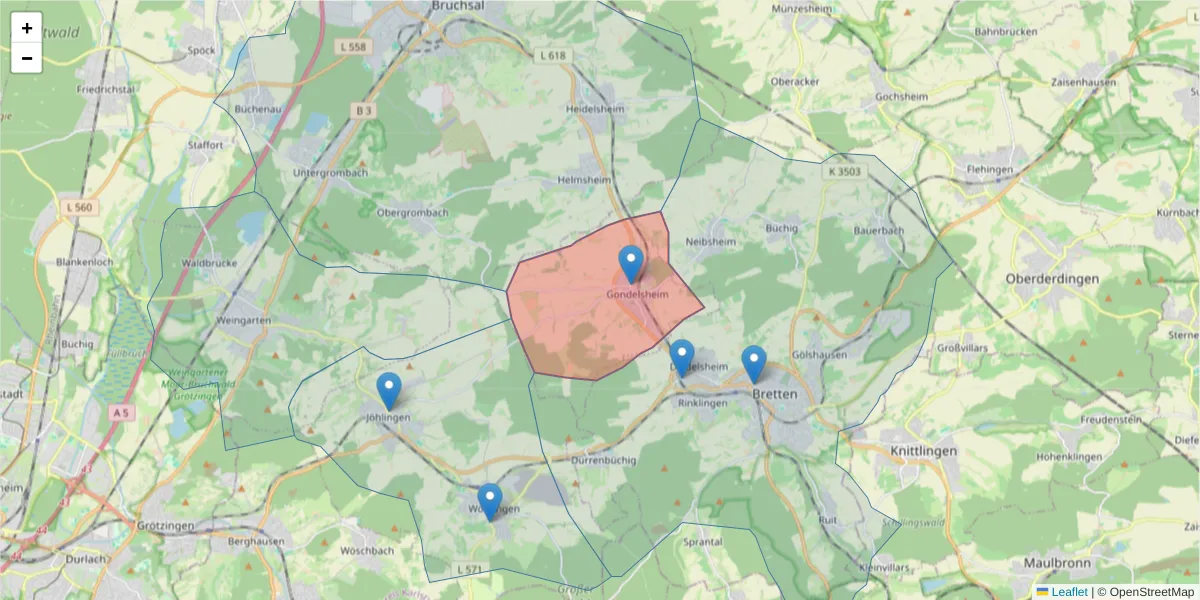 Karte des Postleitzahlen Bereichs  und der umliegenden Postleitzahlen in Deutschland