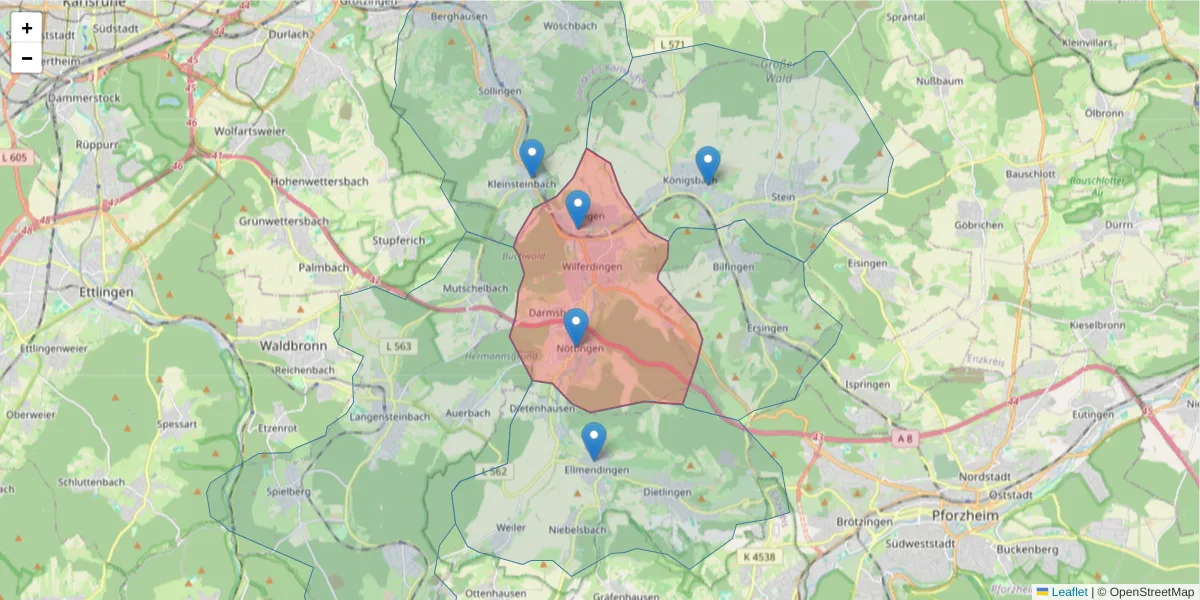 Karte des Postleitzahlen Bereichs  und der umliegenden Postleitzahlen in Deutschland