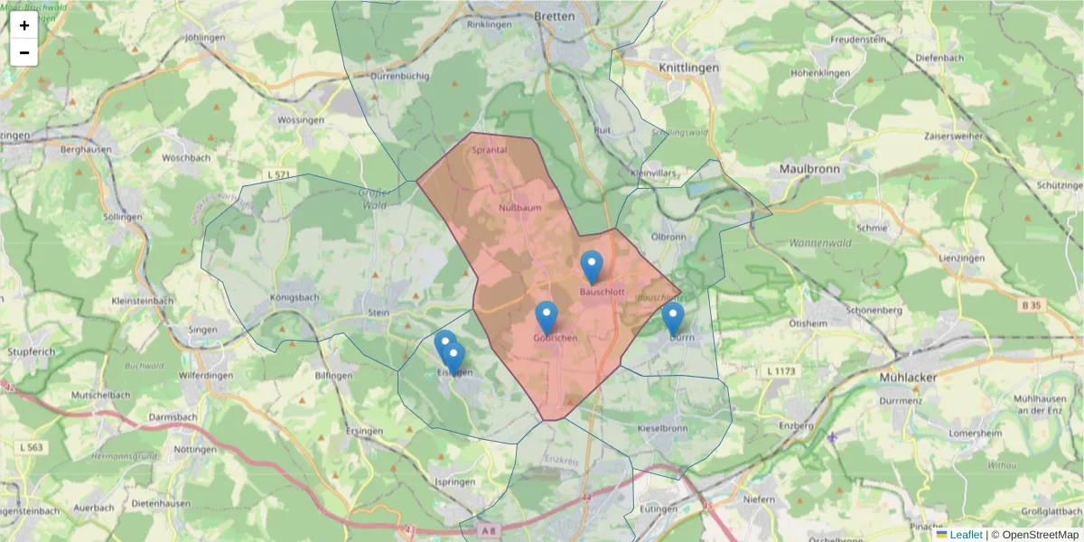 Karte des Postleitzahlen Bereichs  und der umliegenden Postleitzahlen in Deutschland