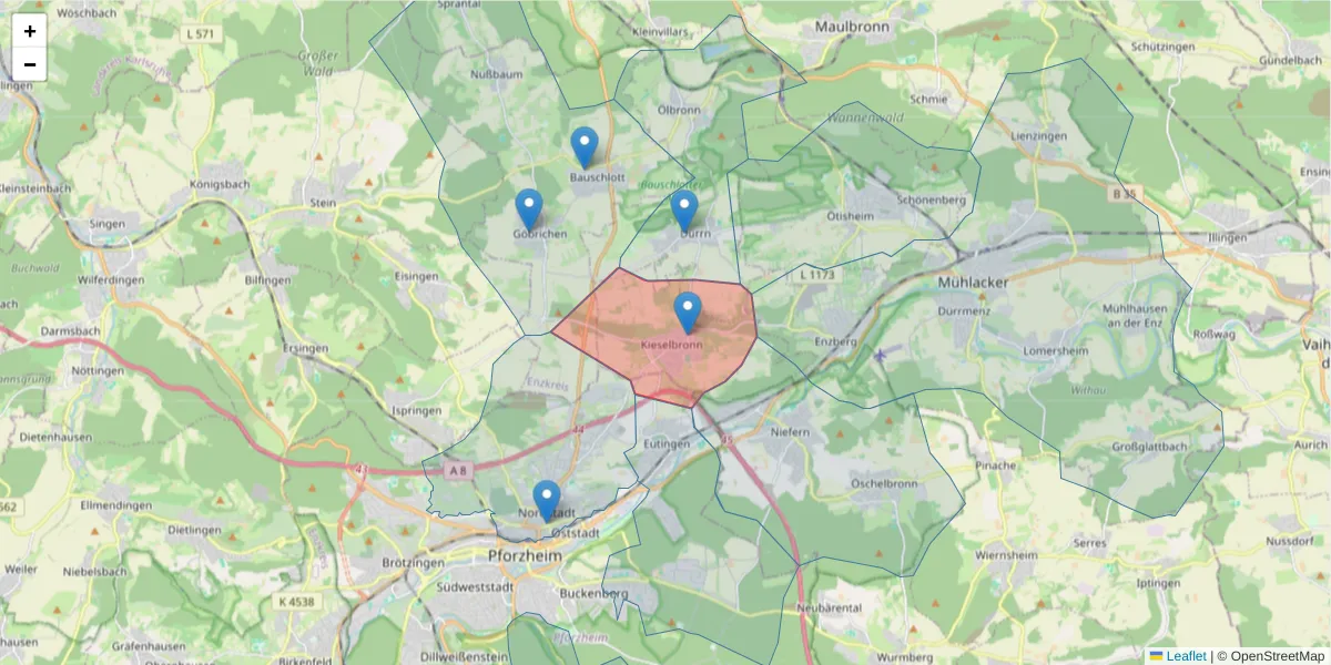 Karte des Postleitzahlen Bereichs  und der umliegenden Postleitzahlen in Deutschland