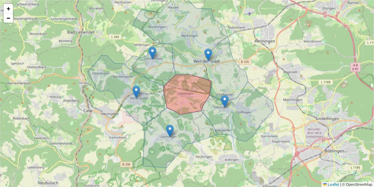 Karte des Postleitzahlen Bereichs  und der umliegenden Postleitzahlen in Deutschland
