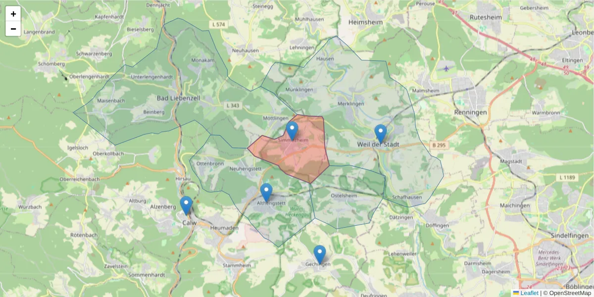 Karte des Postleitzahlen Bereichs  und der umliegenden Postleitzahlen in Deutschland