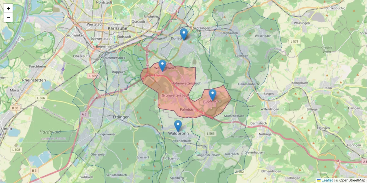 Karte des Postleitzahlen Bereichs  und der umliegenden Postleitzahlen in Deutschland