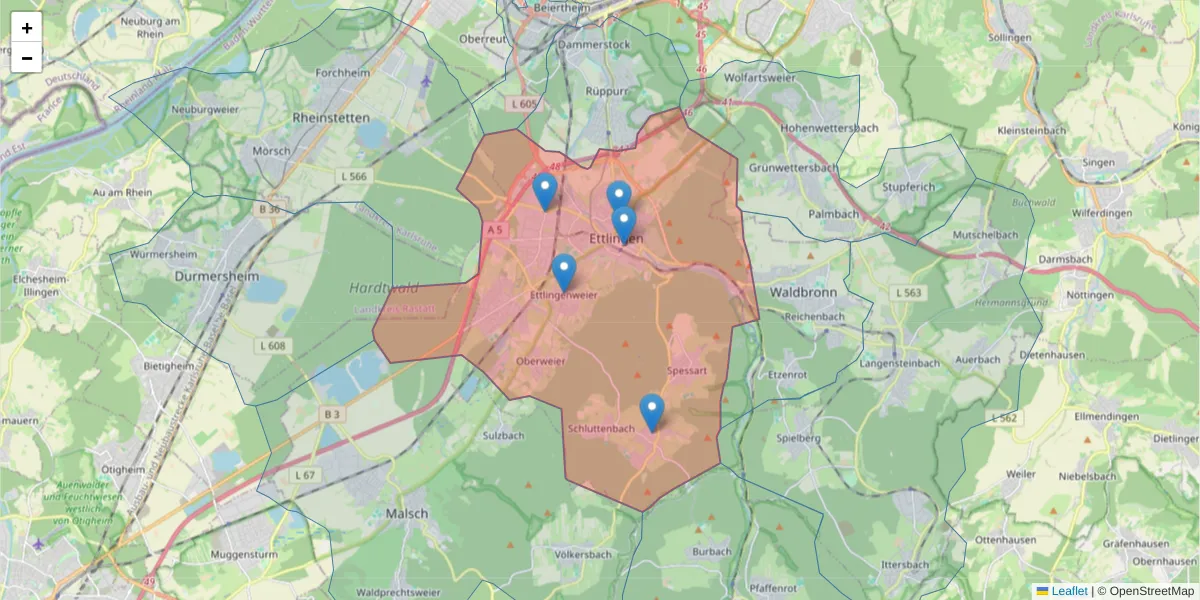 Karte des Postleitzahlen Bereichs  und der umliegenden Postleitzahlen in Deutschland