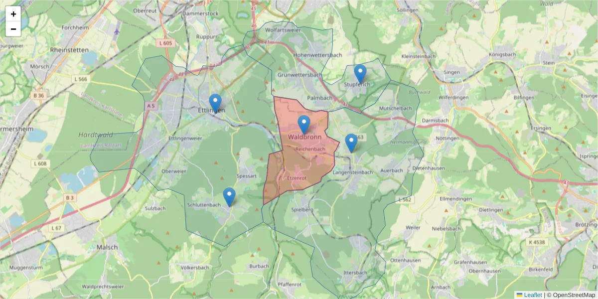 Karte des Postleitzahlen Bereichs  und der umliegenden Postleitzahlen in Deutschland