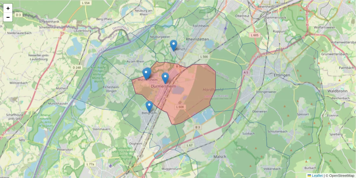 Karte des Postleitzahlen Bereichs  und der umliegenden Postleitzahlen in Deutschland