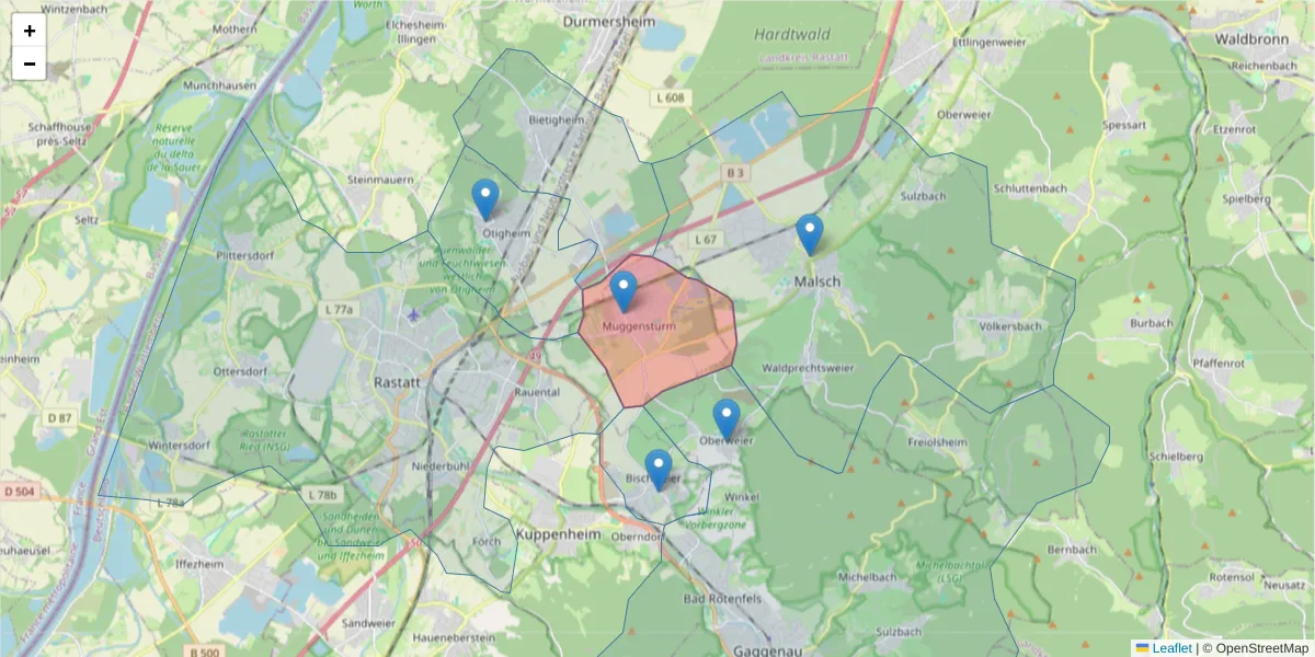 Karte des Postleitzahlen Bereichs  und der umliegenden Postleitzahlen in Deutschland
