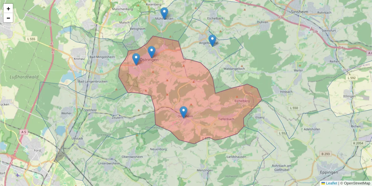 Karte des Postleitzahlen Bereichs  und der umliegenden Postleitzahlen in Deutschland