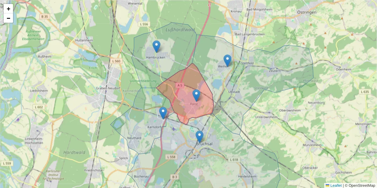 Karte des Postleitzahlen Bereichs  und der umliegenden Postleitzahlen in Deutschland