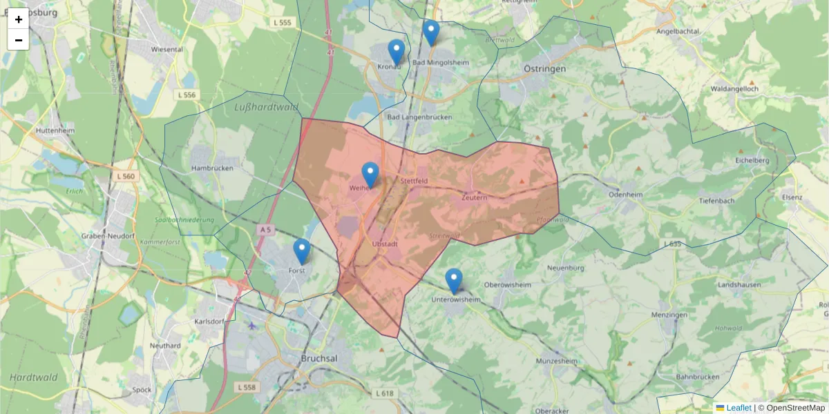 Karte des Postleitzahlen Bereichs  und der umliegenden Postleitzahlen in Deutschland