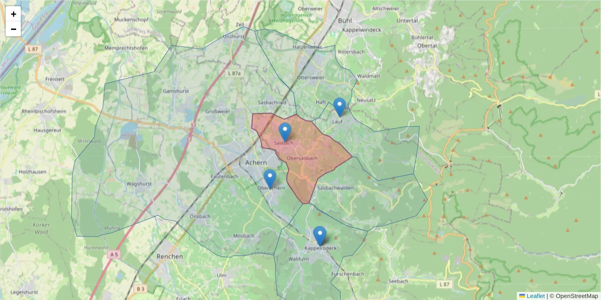 Karte des Postleitzahlen Bereichs  und der umliegenden Postleitzahlen in Deutschland