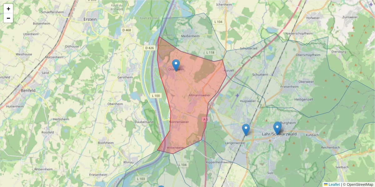 Karte des Postleitzahlen Bereichs  und der umliegenden Postleitzahlen in Deutschland