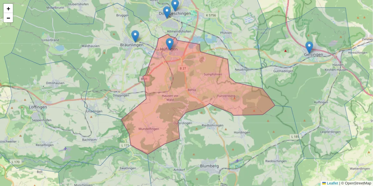 Karte des Postleitzahlen Bereichs  und der umliegenden Postleitzahlen in Deutschland