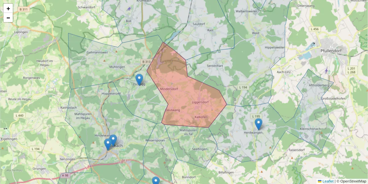 Karte des Postleitzahlen Bereichs  und der umliegenden Postleitzahlen in Deutschland
