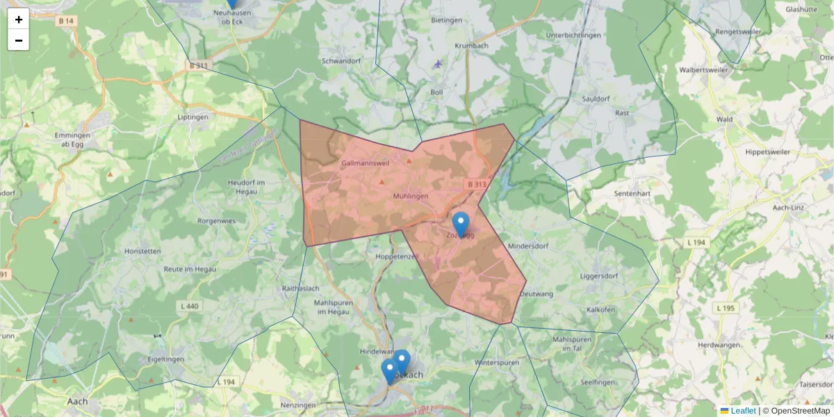 Karte des Postleitzahlen Bereichs  und der umliegenden Postleitzahlen in Deutschland