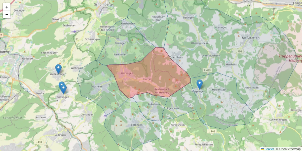 Karte des Postleitzahlen Bereichs  und der umliegenden Postleitzahlen in Deutschland